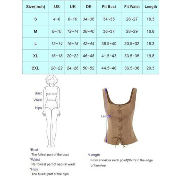 Medieval Corset Top For Women 18 Medieval Corset Top For Women Size chart for medieval corset top for women with measurements for bust, waist, and length