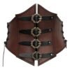 Brown leather medieval corset waistbelt for women with decorative buckles and lacing detail