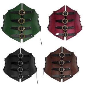 Colorful medieval corset waistbelt for women with adjustable buckles in green, red, black, and brown