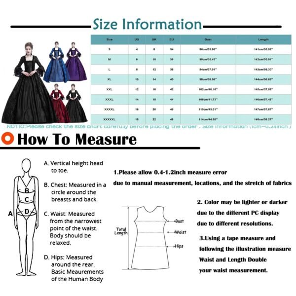 medieval victorian ball gown size information chart