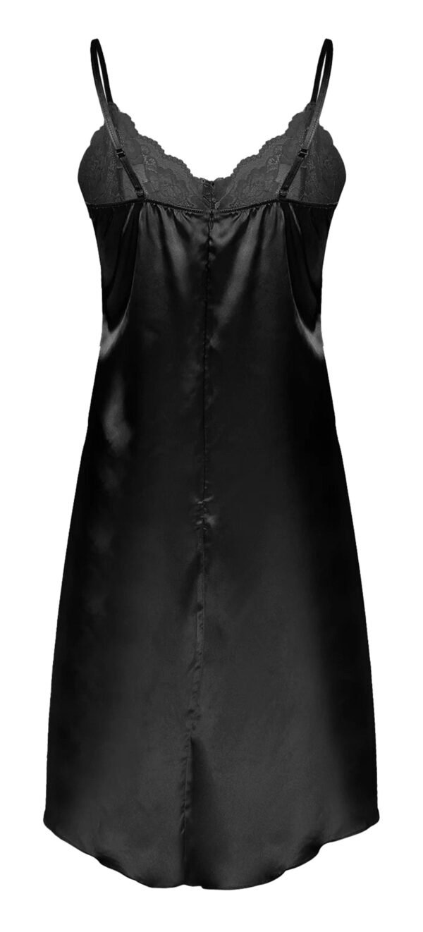 Men's satin nightdress lingerie in black featuring delicate lace trim and adjustable straps