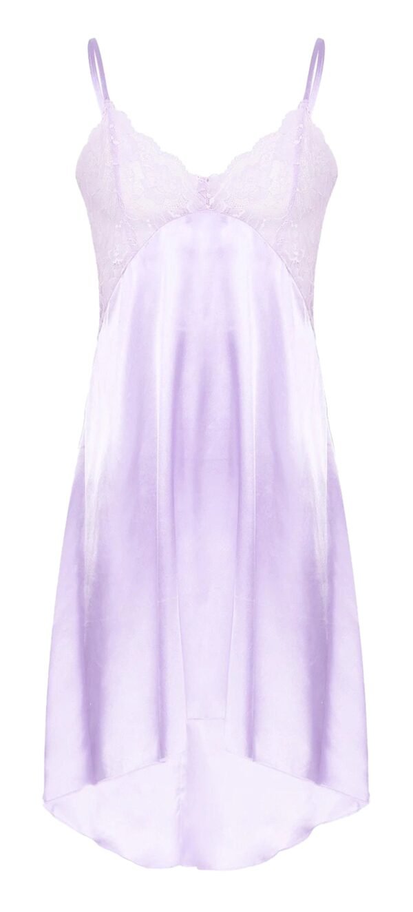 Elegant lavender mens satin nightdress lingerie with delicate lace details and adjustable straps