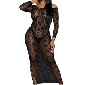 Late Last Night Night Dress black sheer lace bodystocking off shoulder long sleeve floor length from LuckeLadybug LLC