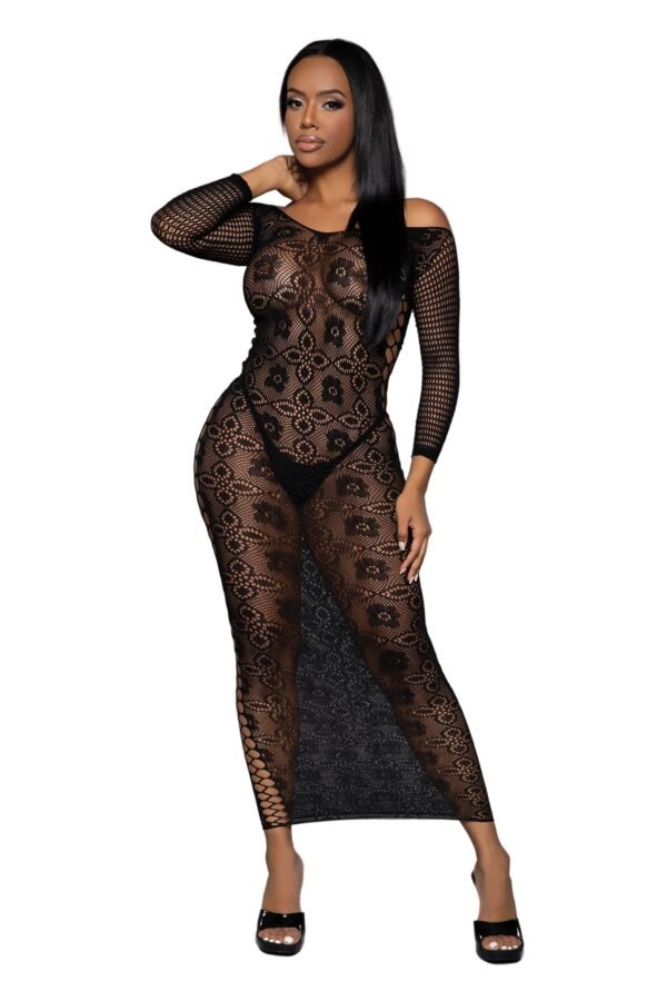 Late Last Night Night Dress black sheer lace off shoulder long sleeve bodystocking by LuckeLadybug LLC