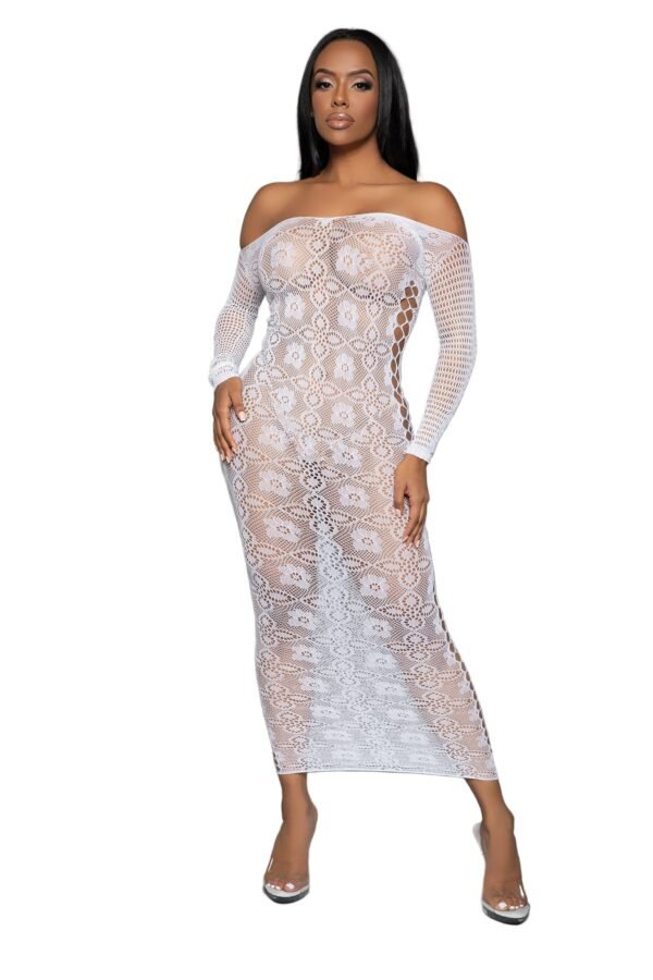 LuckeLadybug LLC Late Last Night Night Dress white off shoulder lace sheer long sleeve bodystocking