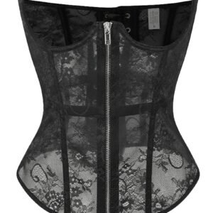 Black gothic lace corset belt featuring a zipper and lace detailing for a stylish fit
