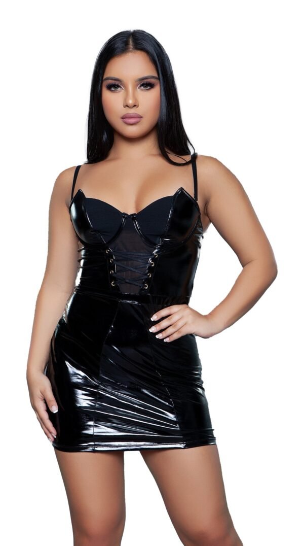 Black Faux Leather Mini Dress Lace-Up 1 Black Faux Leather Mini Dress Lace-Up Model wearing LuckeLadybug LLC black faux leather mini dress with corset lace up bodice and straps