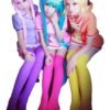 Three models wearing colorful costumes with over the knee black socks for women styled in vibrant outfits