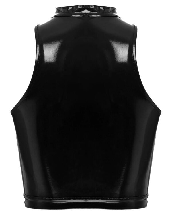 Back view of a glossy black womens gothic corset crop top with a high neck design