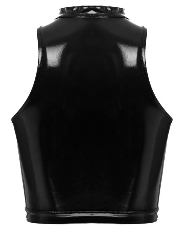 Back view of a sleek black womens gothic corset crop top with a high neckline and fitted design