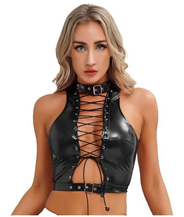 Black LuckeLadybug LLC womens gothic corset crop top with lace-up front and choker detail