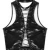Womens gothic corset crop top in black with lace-up front and sleek glossy fabric design