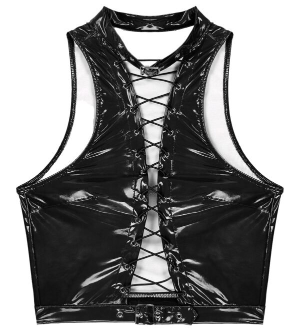 Womens gothic corset crop top in black with lace-up front and sleek glossy fabric design