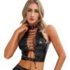 Womens gothic corset crop top in black with lace-up front and choker design for a bold fashion statement
