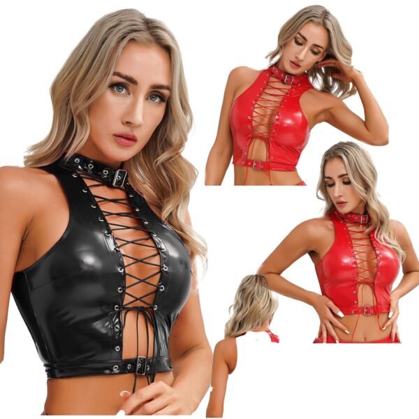 Womens gothic corset crop top in black and red with lace-up design and adjustable buckle for a stylish look
