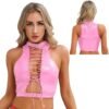 Womens gothic corset crop top in pink with lace-up front design and choker collar for bold fashion statements