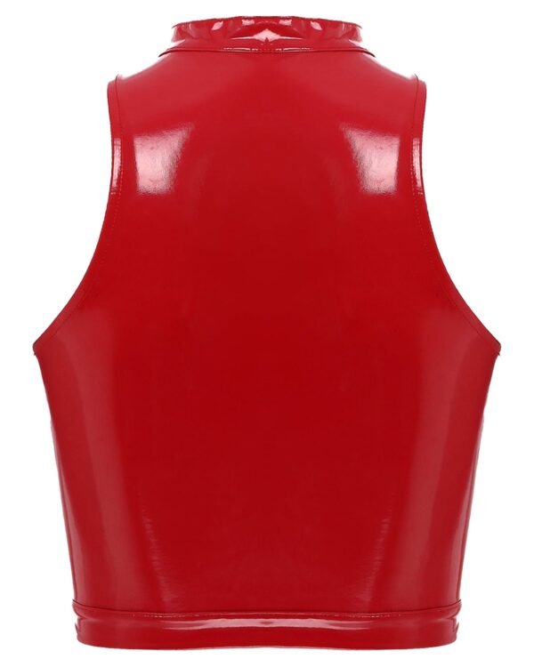 Red womens gothic corset crop top with a sleek, shiny finish and high neck design