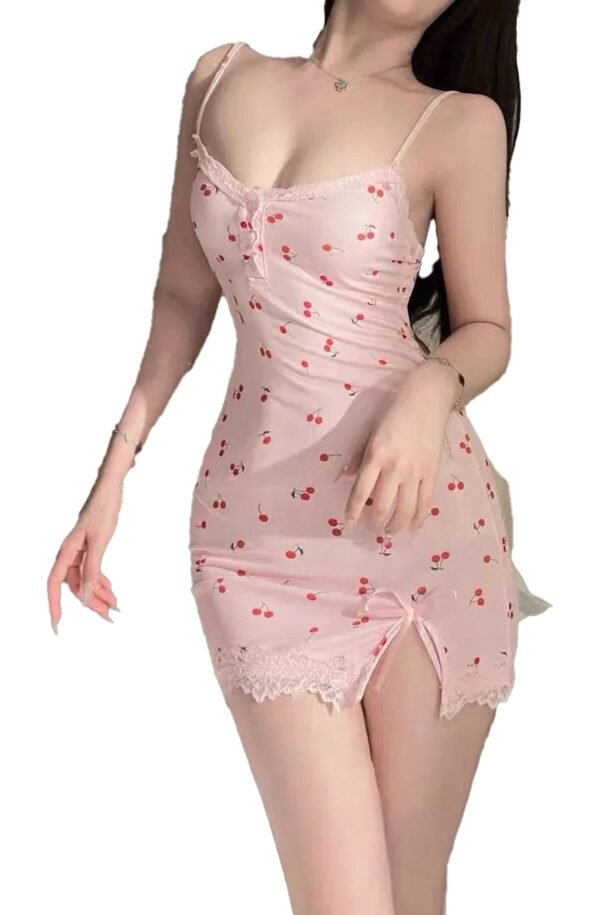 Pink Cherry Print Mini Dress 13 Pink Cherry Print Mini Dress Stylish pink cherry print mini dress with lace trim and figure-hugging fit for a chic summer look