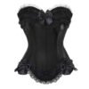 Black overbust corset with lace ruffles and bows, stylish and elegant design for women