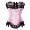 Elegant pink lace overbust corset for women with black lace trim and bow details