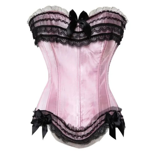 Pink Lace Overbust Corset For Women 22 Pink Lace Overbust Corset For Women Elegant pink lace overbust corset for women with black lace trim and bow details