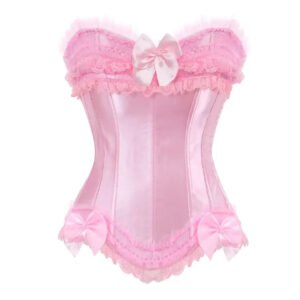 Pink lace overbust corset for women with bows and frills for a stylish look