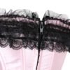Close-up of a pink lace overbust corset for women with black lace trim and zipper detail