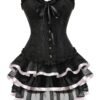 Elegant plus size burlesque corset set in black with layered ruffles and satin accents