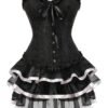 Black LuckeLadybug plus size burlesque corset set with ruffled layers and decorative buttons