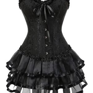 Black plus size burlesque corset set with ruffled skirt and lace details for a glamorous look