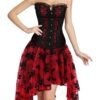 Elegant plus size corset dress for women with a black corset top and red floral tulle skirt