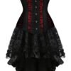 Elegant black and red plus size corset dress for women with lace accents and ruffled hemline