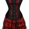 Plus size corset dress for women featuring black and red lace with ruffled skirt details