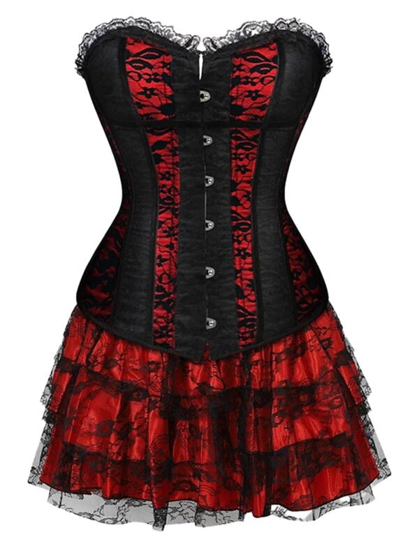Plus Size Corset Dress For Women 40 Plus Size Corset Dress For Women Plus size corset dress for women featuring black and red lace with ruffled skirt details