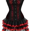 Plus size corset dress for women with black and red lace detailing and layered ruffle skirt