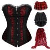 Stylish plus size corset dress for women featuring a black and red lace design and ruffled layers