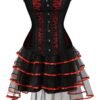Black and red plus size corset dress for women with lace detailing and layered tulle skirt