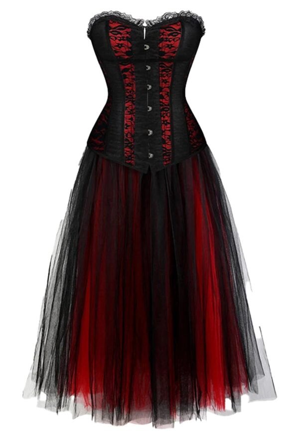Plus Size Corset Dress For Women 42 Plus Size Corset Dress For Women Plus size corset dress for women featuring a black and red tulle skirt and lace detailing