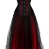 Elegant plus size corset dress for women with black and red tulle skirt and intricate lace detailing