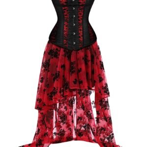 Elegant plus size corset dress for women with black lace top and flowing red floral skirt