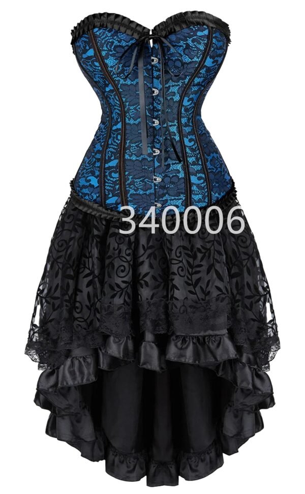 Plus Size Corset Dress Set With Ruffled Skirt 4 Plus Size Corset Dress Set With Ruffled Skirt Elegant plus size corset dress set with blue lace bodice and black layered skirt for special occasions