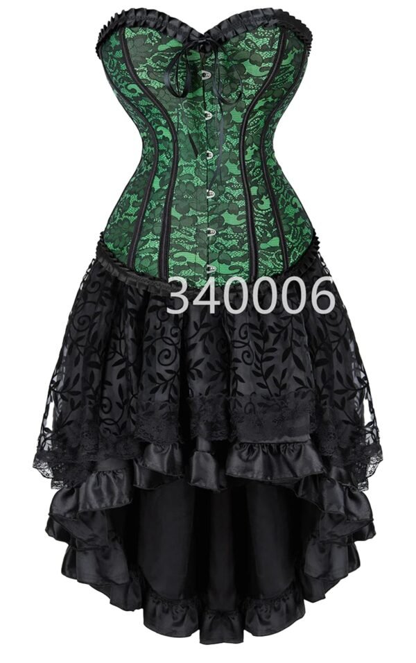 Plus Size Corset Dress Set With Ruffled Skirt 3 Plus Size Corset Dress Set With Ruffled Skirt Elegant plus size corset dress set featuring intricate lace and a high-low skirt design in green and black