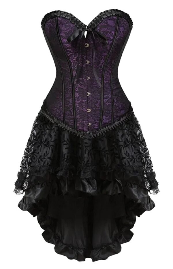 Plus Size Corset Dress Set With Ruffled Skirt 7 Plus Size Corset Dress Set With Ruffled Skirt LuckyLadybug plus size corset dress set in purple and black with lace details and ruffled hem