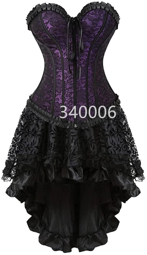 Plus Size Corset Dress Set With Ruffled Skirt 6 Plus Size Corset Dress Set With Ruffled Skirt Elegant plus size corset dress set with purple lace bodice and black ruffled skirt