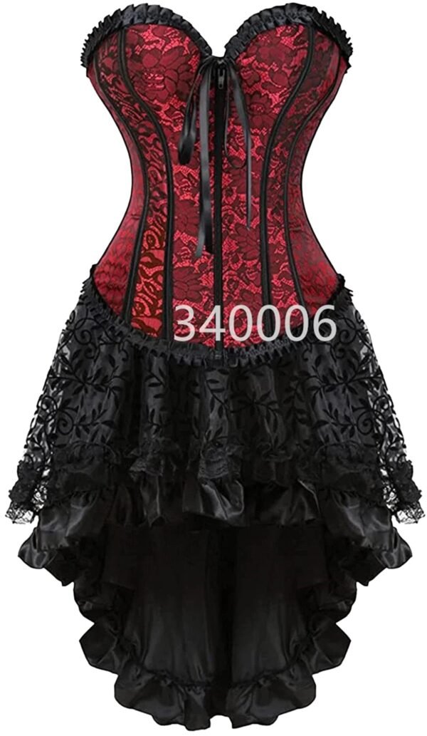 Plus Size Corset Dress Set With Ruffled Skirt 5 Plus Size Corset Dress Set With Ruffled Skirt Elegant red and black plus size corset dress set with lace detailing and ruffled hem for a stylish look