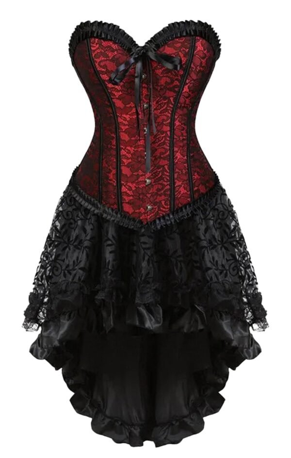 Plus Size Corset Dress Set With Ruffled Skirt 10 Plus Size Corset Dress Set With Ruffled Skirt Elegant plus size corset dress set with red lace detailing and black ruffled skirt for a dramatic look
