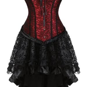 Elegant plus size corset dress set in red lace and black ruffles for formal occasions