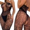 Plus size crotchless lingerie set in black lace with fishnet design for a seductive look