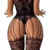 Plus size crotchless lingerie set by LuckeLadybug LLC featuring a lace bodystocking design