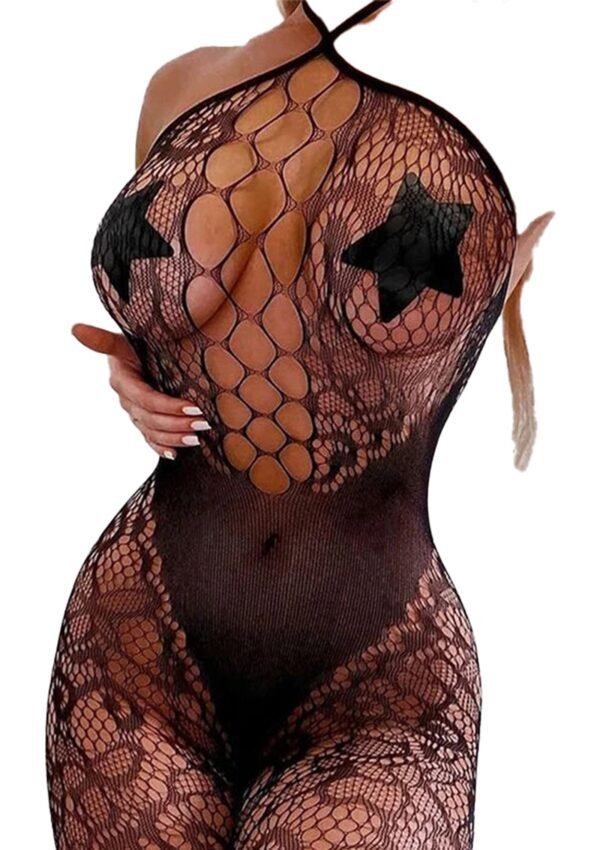 Plus Size Crotchless Lingerie Set 32 Plus Size Crotchless Lingerie Set LuckeLadybug plus size crotchless lingerie set in black lace with star accents and fishnet design